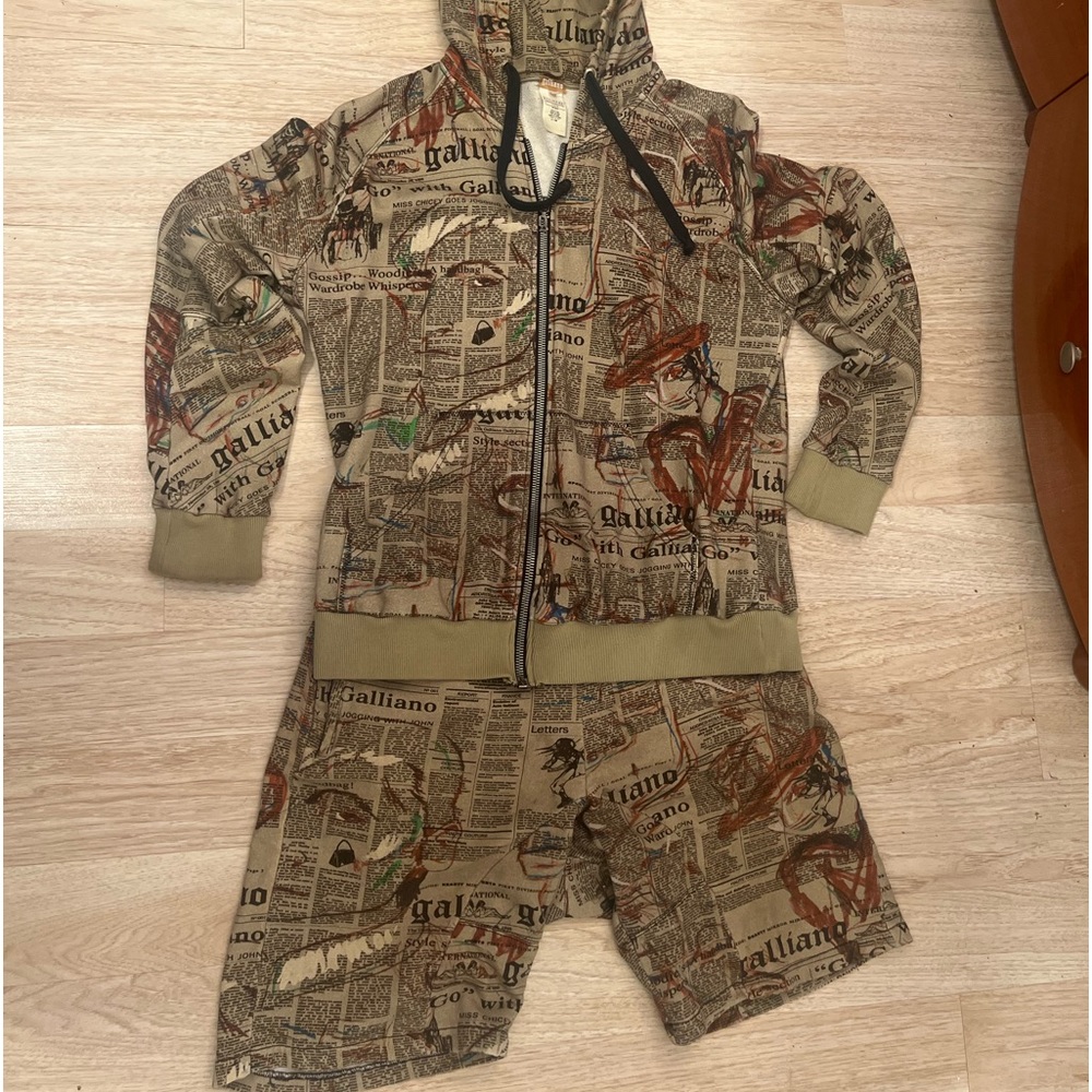 Galliano Men's Brown Newspaper Print Hoodie and Shorts